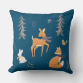 ウィンターウッドランド動物フォークアートブルークリスマス クッション (正面)