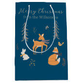 ウィンターウッドランド動物フォークアートブルークリスマス ミディアムペーパーバッグ (正面)