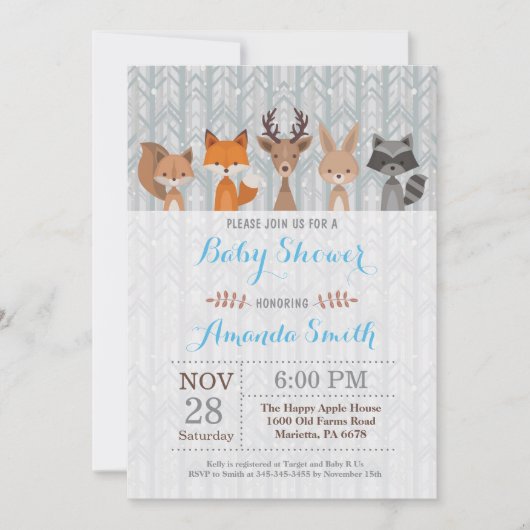 ウィンターウッドランド動物ボーイベビーシャワー招待状 招待状 (正面)