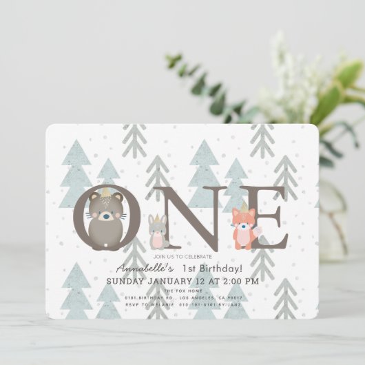 ウィンターウッドランド動物1st誕生日招待状 招待状 (スタンド正面)