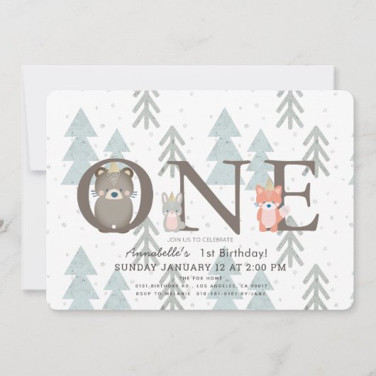ウィンターウッドランド動物1st誕生日招待状 招待状 (正面)
