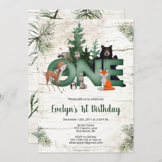 ウィンターウッドランド誕生日招待状- 1歳の誕生日 招待状 (正面/裏面)