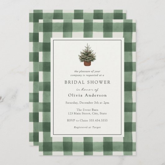 ウィンターエバーグリーンツリーグリーンプレイドブライダルシャワー 招待状 (正面/裏面)