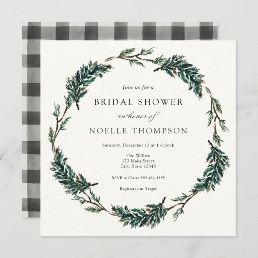ウィンターエバーグリーンバッファロープレイドブライダルシャワー 招待状 (正面/裏面)