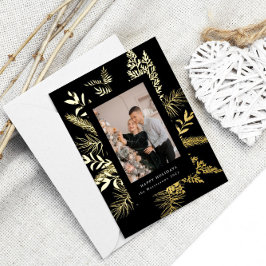 ウィンターエレガントグリーン葉フォト休日フォイル 箔招待状