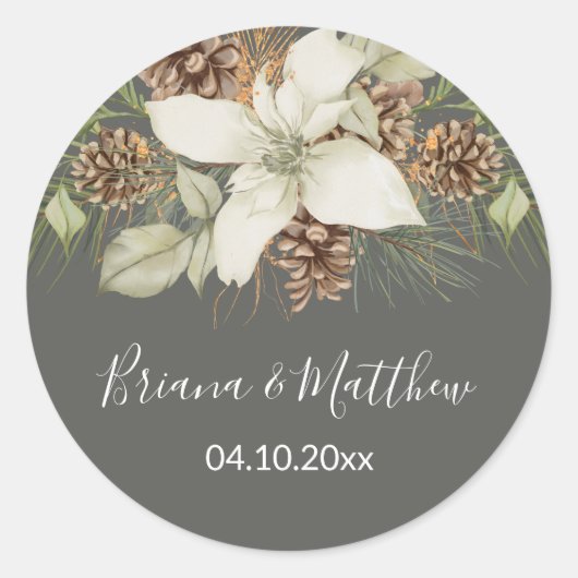 ウィンターエレガントグレイ結婚スクリプトの封筒用シール ラウンドシール (正面)