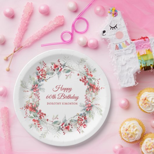 ウィンターエレガントベリーボタニカル60誕生日 ペーパープレート (パーティー)