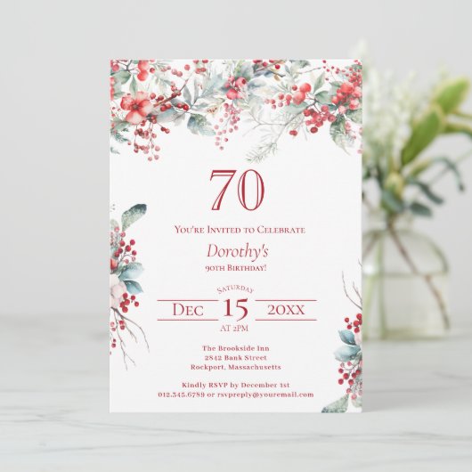ウィンターエレガントベリーボタニカル70誕生日 招待状 (スタンド正面)