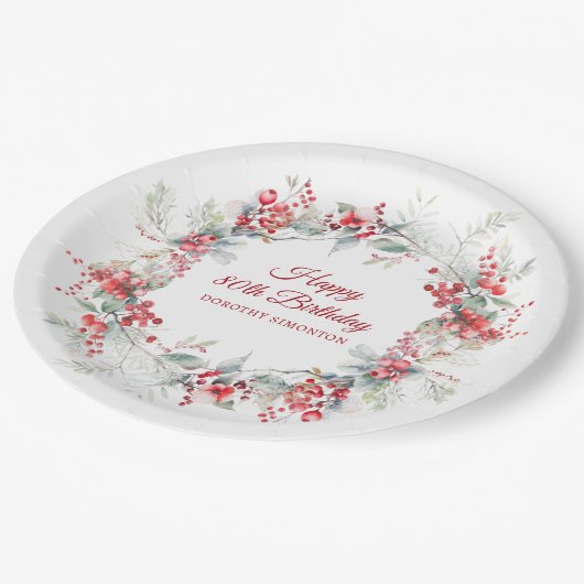 ウィンターエレガントベリーボタニカル80誕生日 ペーパープレート (アングル)