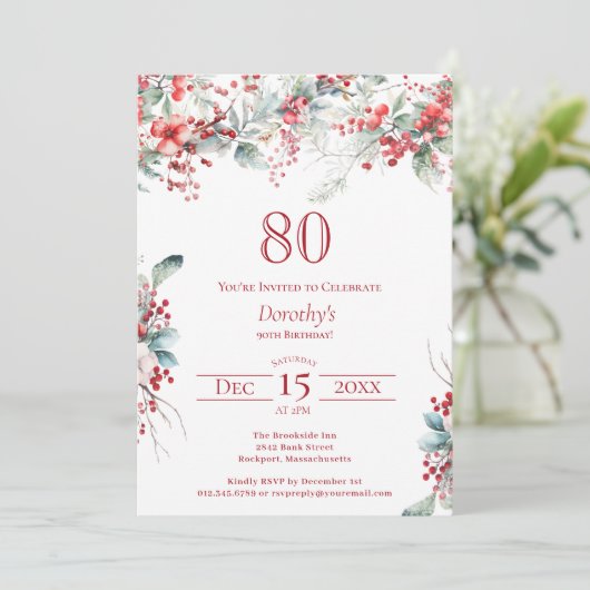 ウィンターエレガントベリーボタニカル80誕生日 招待状 (スタンド正面)