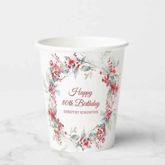 ウィンターエレガントベリーボタニカル80誕生日 紙コップ (正面)