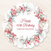 ウィンターエレガントベリーボタニカル90誕生日 ペーパーコースター (正面)