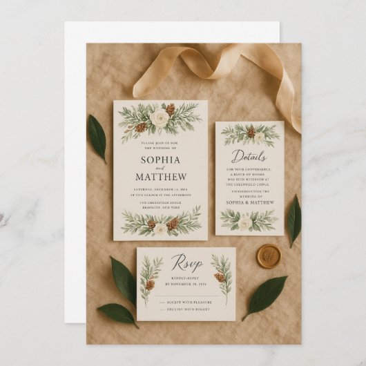 ウィンターエレガントボタニカル結婚式招待状スイート 招待状 (正面/裏面)