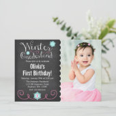 ウィンターオお洒落ネダーランドフォトティール(緑がかった色)誕生日 招待状 (スタンド正面)