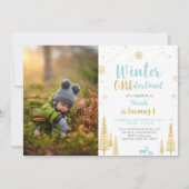 ウィンターオネアーランド、ボーイ ファースト フォト バースデー 招待状 (正面)