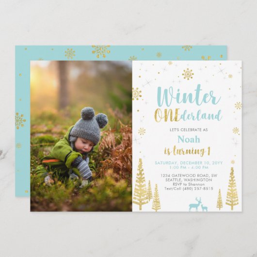 ウィンターオネアーランド、ボーイ ファースト フォト バースデー 招待状 (正面/裏面)