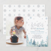 ウィンターオネアーランド 青い少年 1歳の誕生日写真 招待状 (正面/裏面)