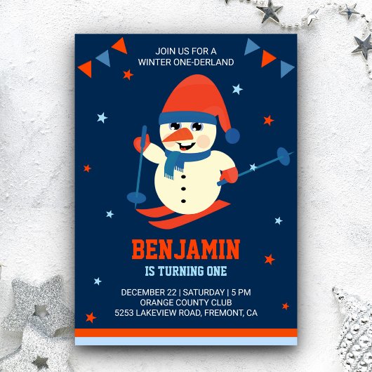 ウィンターオネダーランドかわいい雪だるま1st誕生日招待状 招待状