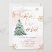 ウィンターオネダーランドガールピンク金ゴールド1stバースデーインビ 招待状 (正面)