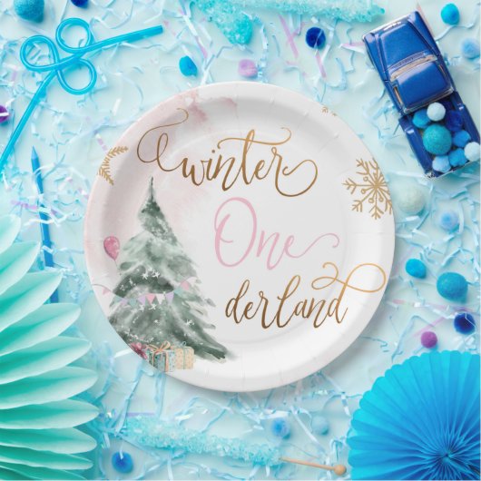 ウィンターオネダーランドガールピンク金ゴールド1st誕生日 ペーパープレート (パーティー)