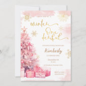 ウィンターオネダーランドガールピンク金ゴールド1st誕生日 招待状 (正面)