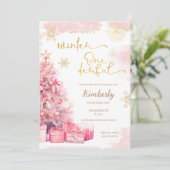 ウィンターオネダーランドガールピンク金ゴールド1st誕生日 招待状 (スタンド正面)