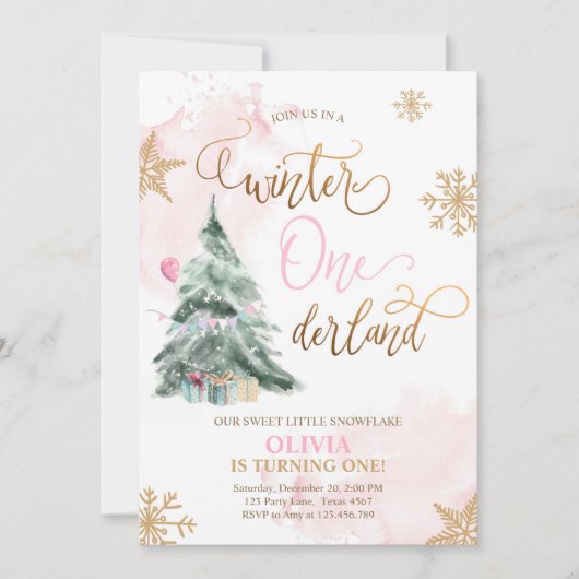 ウィンターオネダーランドガールピンク金ゴールド1st誕生日 招待状 (正面)