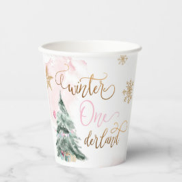 ウィンターオネダーランドガールピンク金ゴールド1st誕生日 紙コップ
