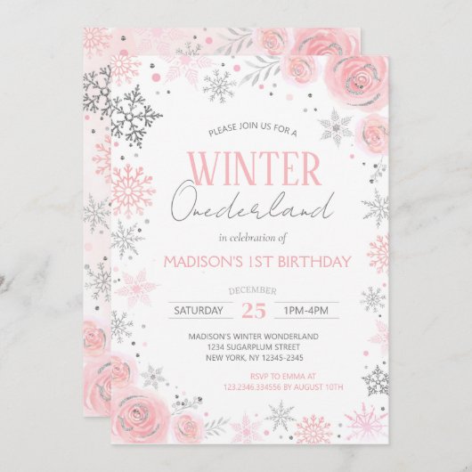ウィンターオネダーランドガールファースト1歳の誕生日 招待状 (正面/裏面)
