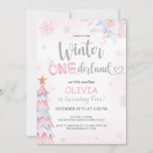 ウィンターオネダーランドガール誕生日ピンクシルバー 招待状 (正面)