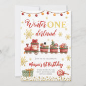 ウィンターオネダーランドクリスマストレイン金ゴールド誕生日 招待状 (正面)