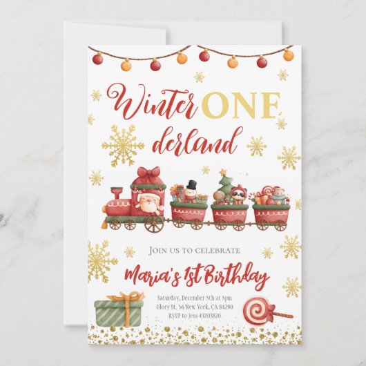 ウィンターオネダーランドクリスマストレイン金ゴールド誕生日 招待状 (正面)