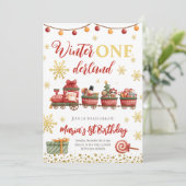 ウィンターオネダーランドクリスマストレイン金ゴールド誕生日 招待状 (スタンド正面)