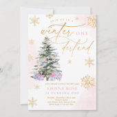 ウィンターオネダーランドクリスマスピンク&金ゴールド誕生日 招待状 (正面)