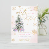 ウィンターオネダーランドクリスマスピンク&金ゴールド誕生日 招待状 (スタンド正面)