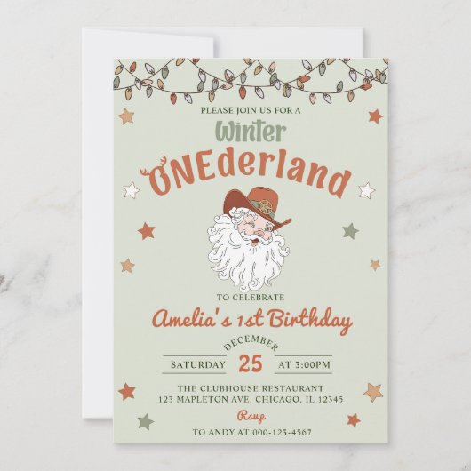 ウィンターオネダーランドサンタクリスマスファースト誕生日 招待状 (正面)