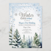 ウィンターオネダーランドシルバースノーフレークスツリー誕生日 招待状 (正面/裏面)