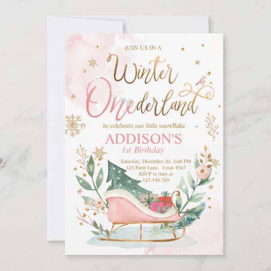 ウィンターオネダーランドスレイピンク金ゴールド1st誕生日 招待状 (正面)