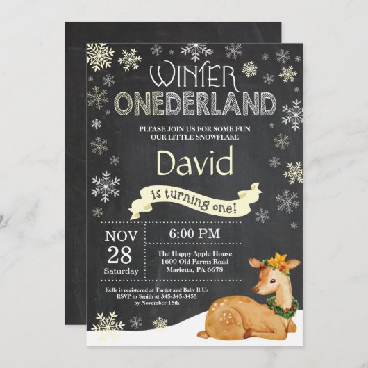 ウィンターオネダーランドディアファースト誕生日招待状 招待状 (正面/裏面)