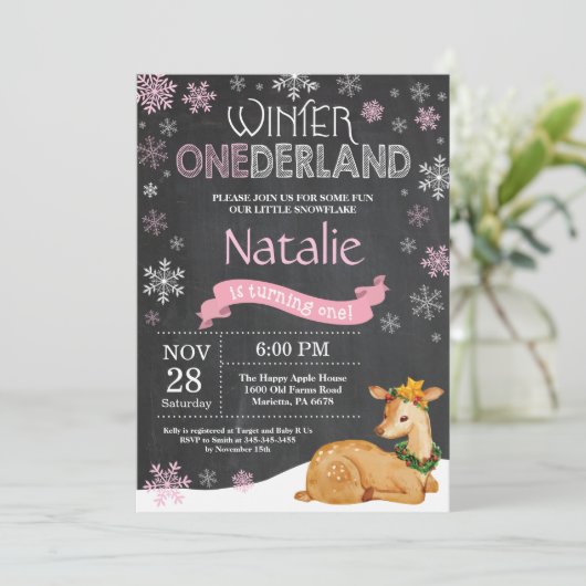 ウィンターオネダーランドディアファースト誕生日招待状 招待状 (スタンド正面)