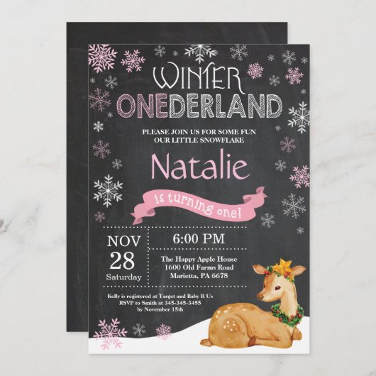 ウィンターオネダーランドディアファースト誕生日招待状 招待状 (正面/裏面)