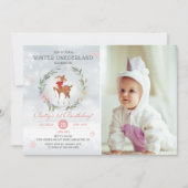 ウィンターオネダーランドディアーベビーファースト誕生日写真 招待状 (正面)