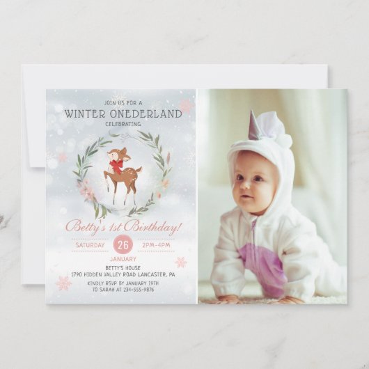 ウィンターオネダーランドディアーベビーファースト誕生日写真 招待状 (正面)