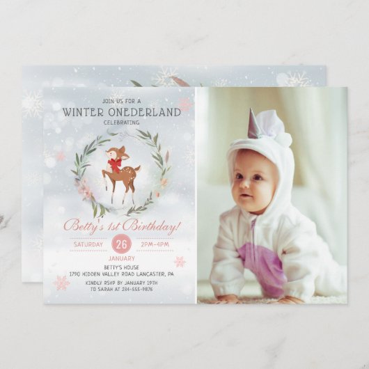 ウィンターオネダーランドディアーベビーファースト誕生日写真 招待状 (正面/裏面)