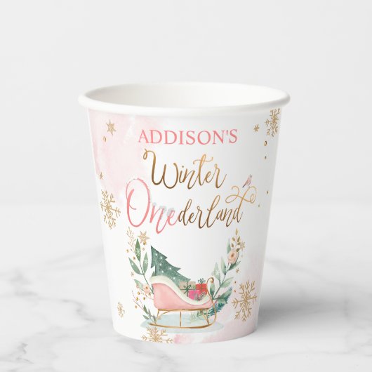 ウィンターオネダーランドパーティーピンク金ゴールドガール誕生日 紙コップ (正面)