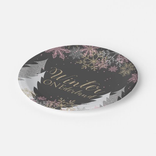 ウィンターオネダーランドパーティープレートの最初の誕生日 ペーパープレート (アングル)