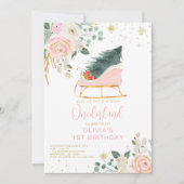 ウィンターオネダーランドピンクと金ゴールドそり誕生日 招待状 (正面)