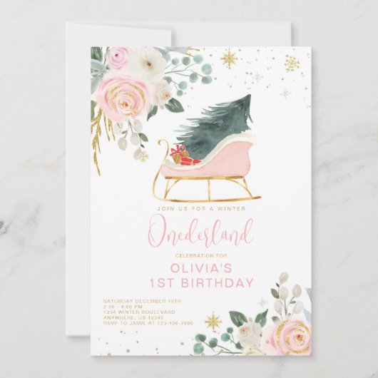 ウィンターオネダーランドピンクと金ゴールドそり誕生日 招待状 (正面)