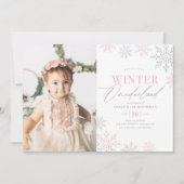 ウィンターオネダーランドピンクグリッター1stバースデーフォト 招待状 (正面)