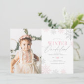 ウィンターオネダーランドピンクグリッター1stバースデーフォト 招待状 (スタンド正面)
